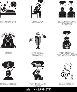 Ensemble d'icônes de glyphe de trouble mental. Dépression. Saison affective. Contrainte, PTSD. Comportement anti-social. Dysphorie prémenstruelle. Sentiment suicidaire. Silhoue Illustration de Vecteur