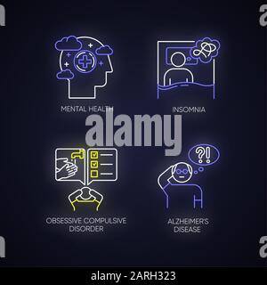 Ensemble d'icônes de néons pour troubles mentaux. Insomnie et privation de sommeil. Syndrome obsessionnel-compulsif. La maladie d'Alzheimer. Démence de vieillesse. Glowi Illustration de Vecteur