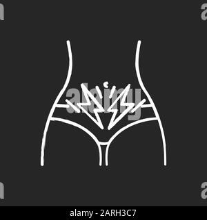 Icône craie crampe. Douleurs abdominales menstruelles. Syndrome prémenstruel. Symptôme de période. Douleur d'estomac des femmes. Diarrhée, constipation. Inconfort et spasme. Illustration de Vecteur