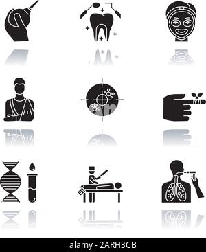 Procédure médicale ensemble d'icônes de glyphe noir à ombre portée. Santé. Fonte orthopédique. Immunothérapie. Soins dentaires. Cosmologie. Bandage. Génétique. Autops Illustration de Vecteur