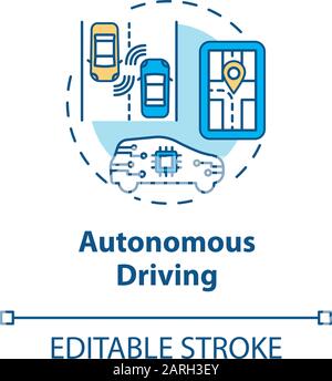 Icône du concept de conduite autonome. Véhicules sans pilote, illustration de la ligne fine. Voiture intelligente. Automobile sans conducteur. Intelligence Artificielle. isola vectoriel Illustration de Vecteur