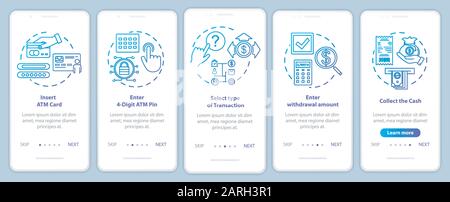 Modèle vectoriel d'écran de page d'application mobile d'intégration d'instructions ATM. Sélectionnez le type de transaction. Procédure de présentation du site Web avec des illustrations linéaires. UX Illustration de Vecteur