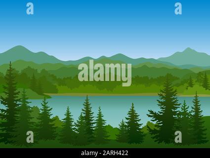 Paysage, Arbres Et Lac De Montagne Illustration de Vecteur