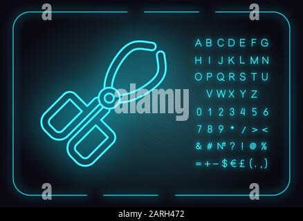 Icône de néon pour pinces creuset. Chirurgien, équipement médical. Instrument de laboratoire en acier inoxydable. Pinces pour bécher. Pince de serrage. Chimie organique. Si brillant Illustration de Vecteur