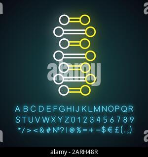 Icône de néon pour chaînes en spirale d'ADN. Points connectés, lignes. Désoxyribonucléique, hélice d'acide nucléique. Biologie moléculaire. Signe lumineux avec alphabet, chiffres Illustration de Vecteur