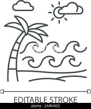 Vagues sur la plage de sable icône linéaire. Bord de mer avec palmier. Voyage aux îles indonésiennes. Côte ensoleillée de la mer à Bali. Illustration de la ligne fine. Symbole de contour. Vect Illustration de Vecteur