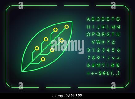 Feuille avec icône de néon micropuce. Une agriculture intelligente. Technologie verte de l'information. Chimie organique. Développement de la nanotechnologie. Signe lumineux avec Illustration de Vecteur