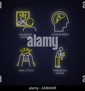 Ensemble d'icônes de néons pour troubles mentaux. Personne délirante. Schizophrénie. Attaque de panique. Maladie de Parkinson. Mégalomanie. Esprit confus. Démence. Brillant Illustration de Vecteur