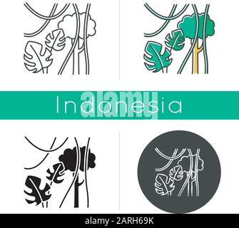 Icône plantes de la forêt tropicale. Vignes de forêt Evergreen. Usine suisse de fromage et lianas. Voyage dans la jungle de l'Indonésie. Découvrez la nature de Bali. Linéaire, noir, craie an Illustration de Vecteur