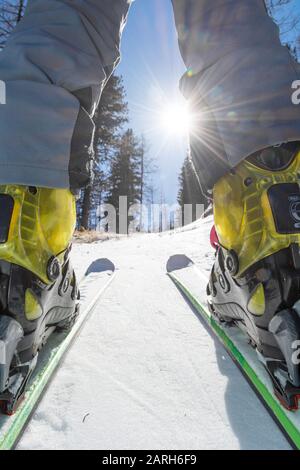 Ski tourer en montant une route enneigée à travers la forêt. Banque D'Images
