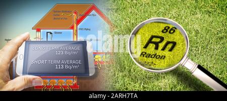 Appareil d'information portable pour la surveillance du radon dans les gaz radioactifs - image conceptuelle avec élément de radon vu par une loupe contre un gr vert Banque D'Images