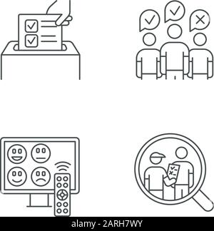 Ensemble d'icônes linéaires des méthodes de sondage. Sondage anonyme, évaluation des chaînes de télévision. Groupe de discussion. Entretien. Avis. Révision par le client. Symboles de contour de ligne mince. Isola Illustration de Vecteur