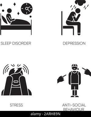 Ensemble d'icônes de glyphe de trouble mental. Privation de sommeil. Dépression et anxiété. Stress. Comportement anti-social. Migraine. Harcèlement et intimidation des adolescents. Illustration de Vecteur