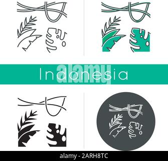 Icône plantes de la forêt tropicale. Vignes de forêt Evergreen. Usine de fromage suisse. Voyage dans la jungle indonésienne. La flore tropicale de Bali. Linéaire, noir, craie et couleur givrée Illustration de Vecteur