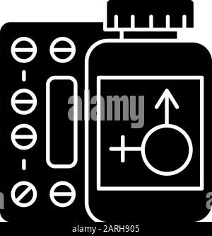 Icône de glyphe de thérapie de remplacement d'hormone. Pilules pour la ménopause. Médicaments pour la santé des femmes. Produit pharmaceutique en flacon. Symbole silhouette. Negati Illustration de Vecteur