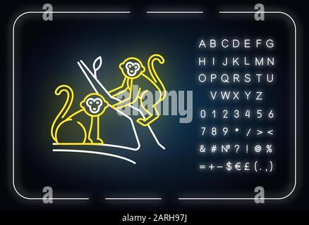 Singes dans la jungle icône néon. Animaux de pays tropicaux. Explorez la faune exotique de l'Indonésie. Primates assis. Signe lumineux avec alphabet, numéro Illustration de Vecteur