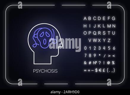 Icône de lumière néon psychose. Paranoïde et personne effrayée. Phobie et anxiété. Schizophrénie. Trouble mental. Signe lumineux avec alphabet, chiffres et sym Illustration de Vecteur