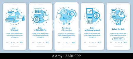 Écran de page d'application mobile d'intégration des instructions ATM avec concepts linéaires. Cinq étapes de présentation des instructions graphiques. Sélectionnez le type de transaction. UX, U Illustration de Vecteur