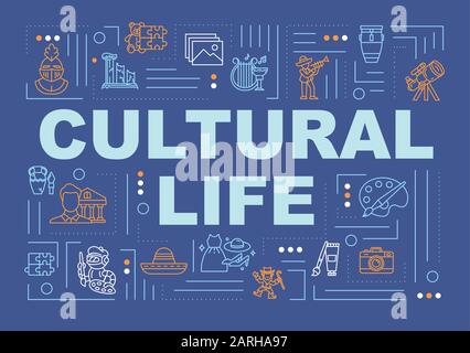 Bannière de concepts de mot de vie culturelle. Exposition du Musée. Anthropologie et archéologie. Infographies avec icônes linéaires sur fond bleu. Typogr. Isolés Illustration de Vecteur