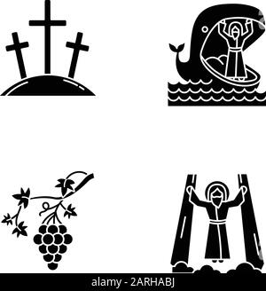 Jeux d'icônes de glyphes de récits bibliques. Calvaire, Jonas et baleine, vigne, ascension de Jésus-Christ. Histoires chrétiennes. Étude de bref Saint, apprentissage. Sil Illustration de Vecteur