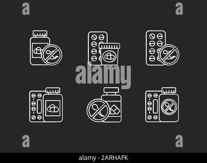 Jeu d'icônes de craie de contrôle des naissances. Médicaments, pilules. Prévention de grossesse non désirée. Contraceptif oral. Aide pharmaceutique. Prémenstruel syndrome prescr Illustration de Vecteur