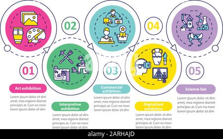 Modèle infographie vectoriel d'exposition et de musée. Éléments de conception de présentation exposition. Visualisation des données en cinq étapes. Diagramme de chronologie du processus Illustration de Vecteur