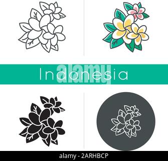 Icône Plumeria. Fleurs exotiques de la région. Nature des jungles indonésiennes. Petites plantes tropicales. Fleurs de frangipani avec feuilles. Linéaire, noir, craie et Illustration de Vecteur