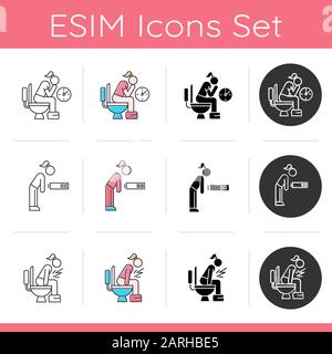 Ensemble d'icônes de syndrome prémenstruel. Constipation et diarrhée. Fatigue et privation de sommeil. Femme surtravaillée. Conception plate, linéaire, noire et couleur Illustration de Vecteur