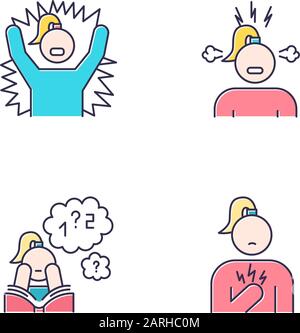Les icônes de couleur des symptômes PMS sont définies. Sursaut émotionnel. Irritabilité et stress. Faible concentration. Résolution des problèmes mathématiques. Douleur thoracique. Soins de santé pour femmes. À Illustration de Vecteur