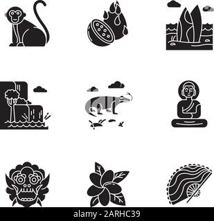 Jeu d'icônes de glyphe Indonésie. Animaux tropicaux. Voyage aux îles indonésiennes. Culture exotique. Fruits et plantes uniques. Nature et monuments. Silhouette sy Illustration de Vecteur