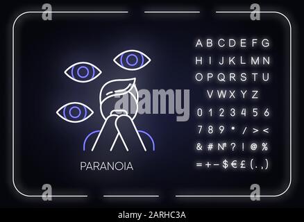 Icône de lumière fluo paranoïa. Attaque de panique. Personne effrayée. Peur, phobie. Homme terrifié. Stress et anxiété. Trouble mental. Signe lumineux avec alphabet, n Illustration de Vecteur