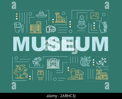 Bannière de concepts de mot de musée. Exposition historique et exposition d'artefacts. Afficher la galerie. Infographies avec icônes linéaires sur fond vert. Isoler Illustration de Vecteur