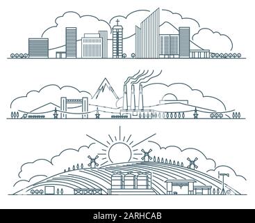 Ensemble d'icônes linéaires de paysage urbain Illustration de Vecteur