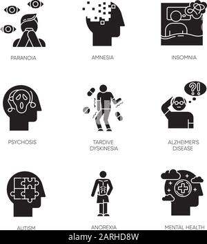 Ensemble d'icônes de glyphe de trouble mental. Paranoïa, psychose. Amnésie, insomnie. Dyskinésie de l'estrade. Maladie d'Alzheimer. Autisme. Anorexie. Anxiété, dépression. Illustration de Vecteur