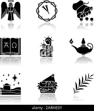 Les récits de la Bible sont des icônes de glyphes noirs d'ombre définies. Angel, couronne d'épines, clous, 30 pièces d'argent, Alpha, Omega, Vierge Marie, lampe, étoile de Noël, nur Illustration de Vecteur