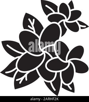Icône de glyphe Plumeria. Fleurs exotiques de la région. Nature des jungles indonésiennes. Petites plantes tropicales. Fleurs de frangipani avec feuilles. Symbole silhouette. Illustration de Vecteur
