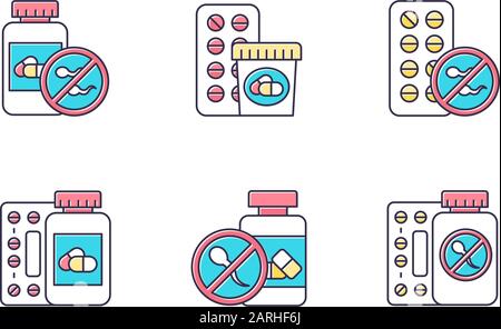 Jeu d'icônes de couleur de contrôle des naissances. Médicaments et pilules. Prévention de grossesse non désirée. Contraceptif oral. Aide pharmaceutique féminine. Syndr. Prémenstruel Illustration de Vecteur