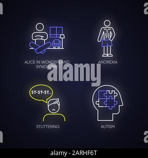 Ensemble d'icônes de néons pour troubles mentaux. Syndrome d'Alice dans les pays du monde des merveilles. Anorexie. Troubles de l'alimentation. Corps sous-poids. Bégaiement. Trouble de la parole. Autisme. Illustration de Vecteur