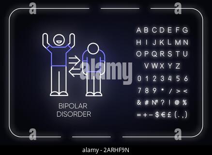 Icône néon trouble bipolaire. Épisodes maniques et dépressifs. Diviser la personnalité. Changement d'humeur. Problèmes de santé mentale. Signe lumineux avec alphabet, num Illustration de Vecteur