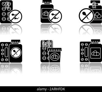 Jeu d'icônes de glyphes noirs d'ombre portée de contrôle des naissances. Médicaments, pilules. Prévention de grossesse non désirée. Contraceptif oral. Aide pharmaceutique féminine. Rouge Illustration de Vecteur