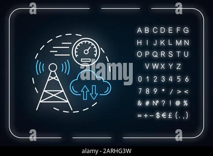 Icône de concept de lumière néon à fréquences plus courtes. 5 G idée des technologies. Tour de télécommunication. Couverture mondiale. Connexion haut débit. Signe lumineux avec Illustration de Vecteur