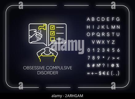 Icône de néon trouble obsessionnel-compulsif. Homme dérangé. Penser sous pression. Perfectionniste. Santé mentale. Signe lumineux avec alphabet, numbe Illustration de Vecteur