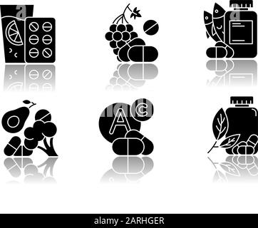 Jeu d'icônes de glyphes noirs d'ombre de goutte d'apport de vitamine. Légumes et fruits pour la santé. Aide pharmaceutique. Supplément de régime. Médicaments et pilules. Mul Illustration de Vecteur