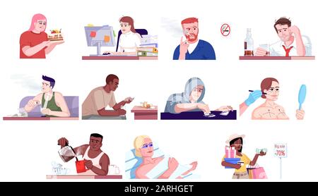 Jeu d'illustrations vectorielles plates de addiction. La glutatonie, le travail-holisme, l'alcoolisme, la narcomanie, la chirurgie plastique et la dépendance au bronzage, le shopping. Accro p Illustration de Vecteur