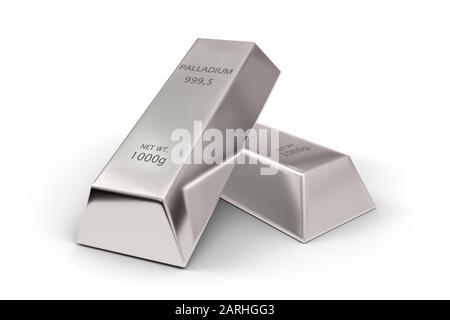 Deux lingots ou barres de palladium brillants sur fond blanc - concept d'investissement de métaux précieux ou d'argent, illustration tridimensionnelle Banque D'Images