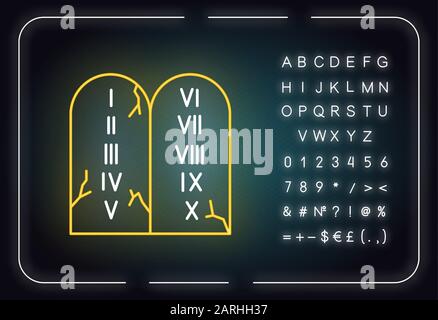 Dix Commandements Bible histoire néon icône lumière. Lois bibliques écrites sur des comprimés de pierre. Légende religieuse. Signe lumineux avec alphabet, chiffres et symbole Illustration de Vecteur