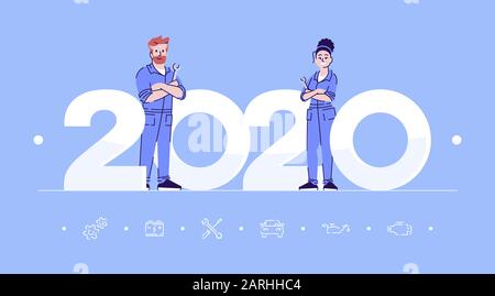 Modèle vectoriel de bannière plate professions 2020. Les réparateurs ont isolé des personnages de dessin animé en bleu. Personnes en vêtements de travail. Réparateur avec clé. Bannière, brochu Illustration de Vecteur