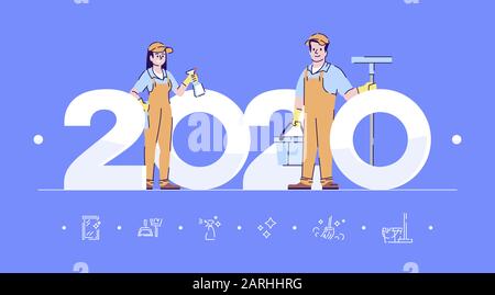 Modèle vectoriel de bannière plate professions 2020. Nettoyage des personnages isolés de dessins animés en bleu. Lave-glace avec balai à franges, chiffon. Les gens en uniforme. Bannière, br Illustration de Vecteur