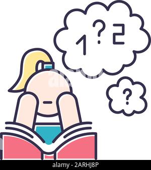 Icône couleur de faible concentration. Résolution des problèmes mathématiques. Algèbre étudier. Se déambuler. Lecture ennuyeuse. Déficit de l'attention. Faible motivation. Fille avec TDAH Illustration de Vecteur