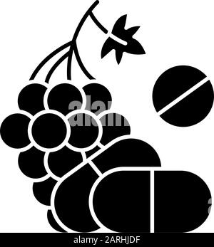 Icône glyphe d'apport de vitamine. Raisin, nourriture biologique. Supplément diététique nutritif. Pilules et médicaments. Complexe multivitamine. Symbole silhouette. Négatif sp Illustration de Vecteur